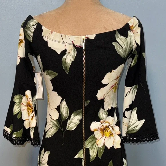 Premier Amour Chic Black Floral Midi Dress with Bell Sleeves Size 6 - Picture 8 of 13